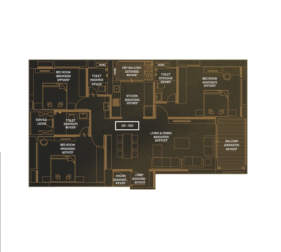 Floor plan of 3 BHK 1278 Sq. Ft. Apartment in V Mond Vivencia, Pune