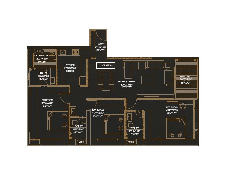Floor plan of 3 BHK 1323 Sq. Ft. Apartment in V Mond Vivencia, Pune