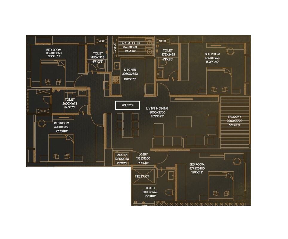 Floor plan of 4 BHK 1552 Sq. Ft. Apartment in V Mond Vivencia, Pune