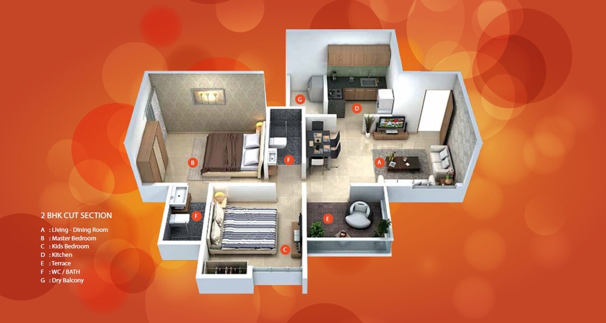 Floor plan of 2 BHK 568 Sq. Ft. Apartment in V Satav Mayuri Sunrise, Pune