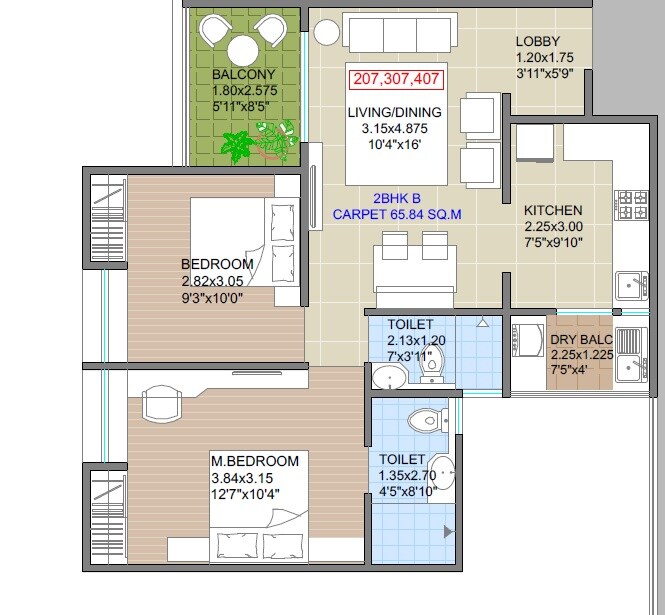 Floor plan of 2 BHK 709 Sq. Ft. Apartment in V Top Valonia, Pune