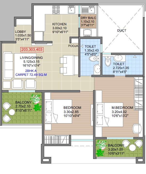 Floor plan of 2 BHK 780 Sq. Ft. Apartment in V Top Valonia, Pune