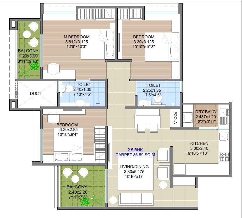 Floor plan of 3 BHK 932 Sq. Ft. Apartment in V Top Valonia, Pune