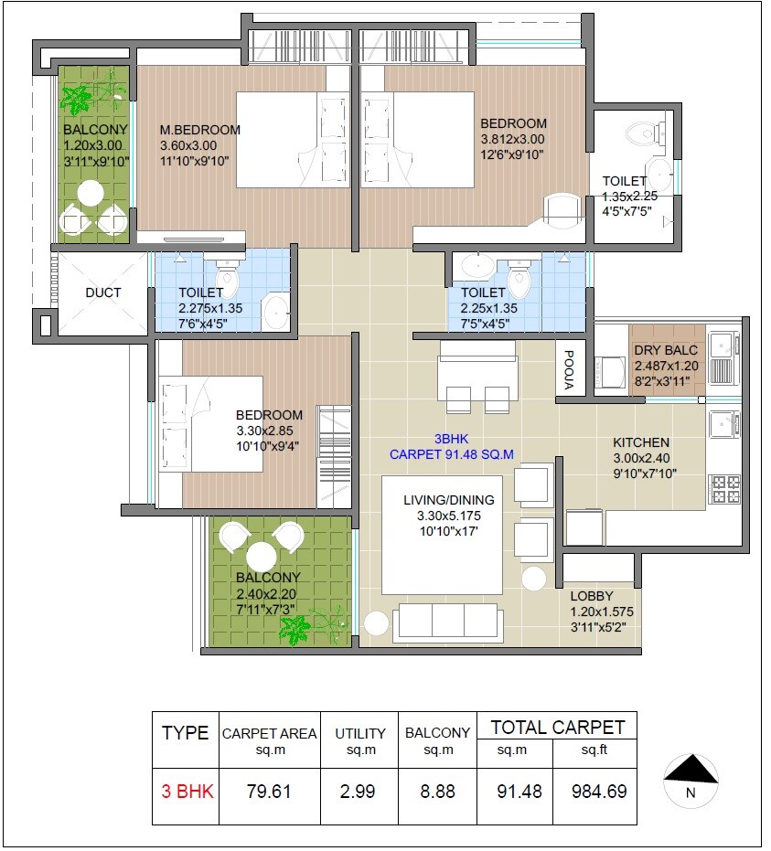 Floor plan of 3 BHK 985 Sq. Ft. Apartment in V Top Valonia, Pune