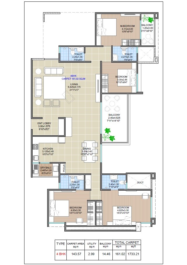 Floor plan of 4 BHK 1733 Sq. Ft. Apartment in V Top Valonia, Pune