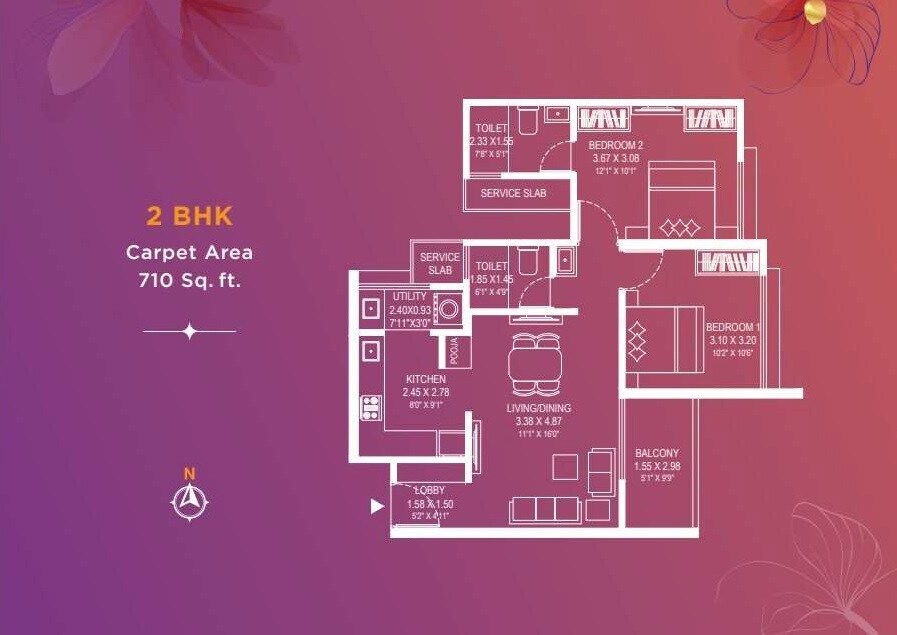 Floor plan of 2 BHK 710 Sq. Ft. Apartment in V Top Velesta, Pune