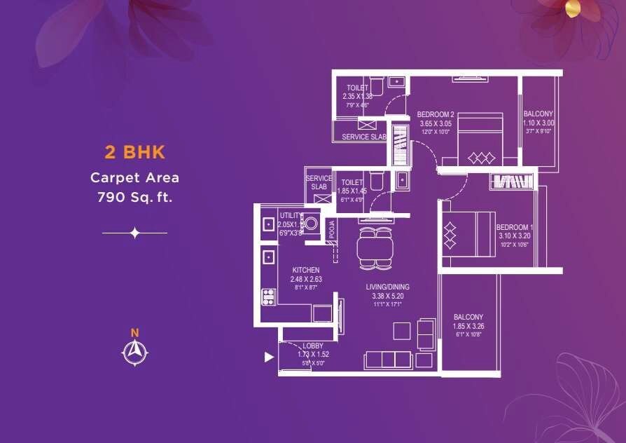 Floor plan of 2 BHK 790 Sq. Ft. Apartment in V Top Velesta, Pune