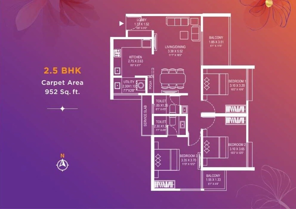 Floor plan of 2 BHK 952 Sq. Ft. Apartment in V Top Velesta, Pune