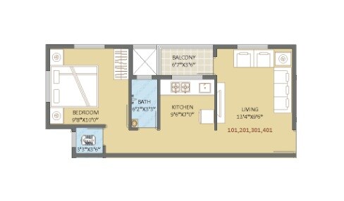 Floor plan of 1 BHK 370 Sq. Ft. Apartment in Vaghajai Swapnalok Residency, Pune