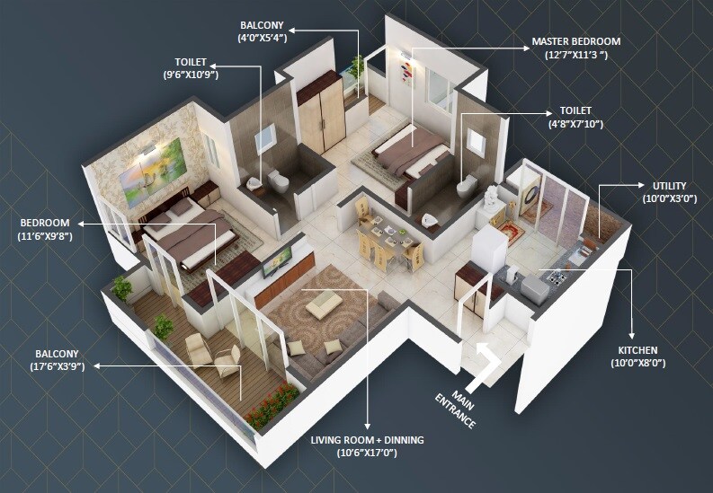 Floor plan of 2 BHK 695 Sq. Ft. Apartment in Vaibhav Ratan Vihar, Pune