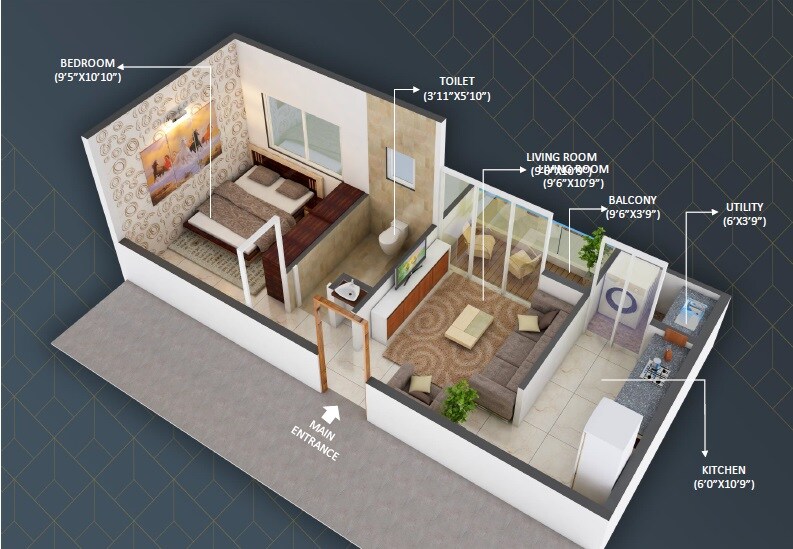 Floor plan of 3 BHK 362 Sq. Ft. Apartment in Vaibhav Ratan Vihar, Pune