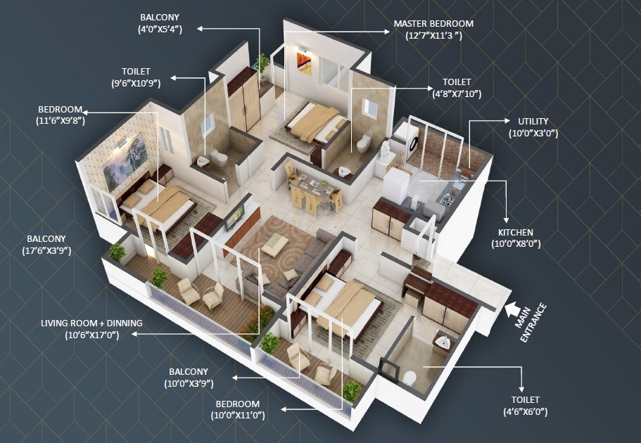 Floor plan of 3 BHK 915 Sq. Ft. Apartment in Vaibhav Ratan Vihar, Pune