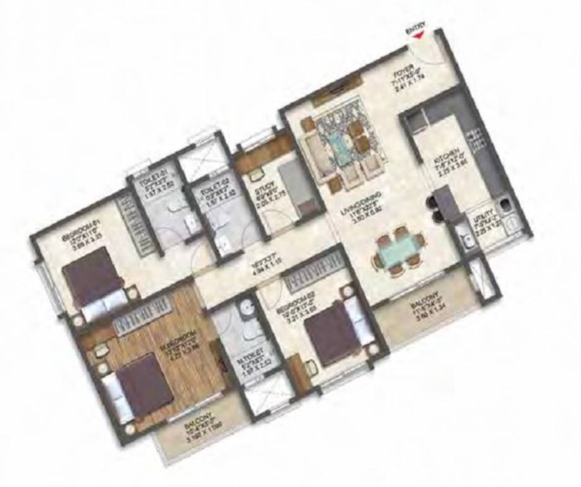 Floor plan of 3 BHK 810 Sq. Ft. Apartment in Vaishnavi Sahil Heights, Pune