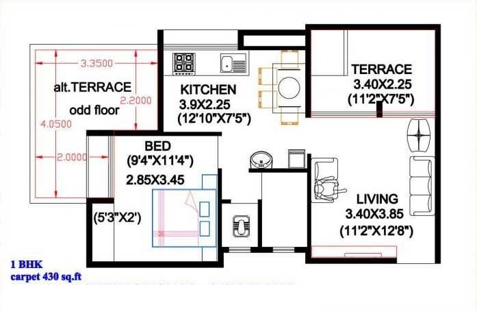 Floor plan of 1 BHK 430 Sq. Ft. Apartment in Vakratund Aaditya Malhar, Pune