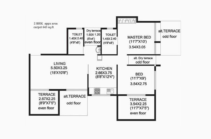 Floor plan of 2 BHK 643 Sq. Ft. Apartment in Vakratund Aaditya Malhar, Pune