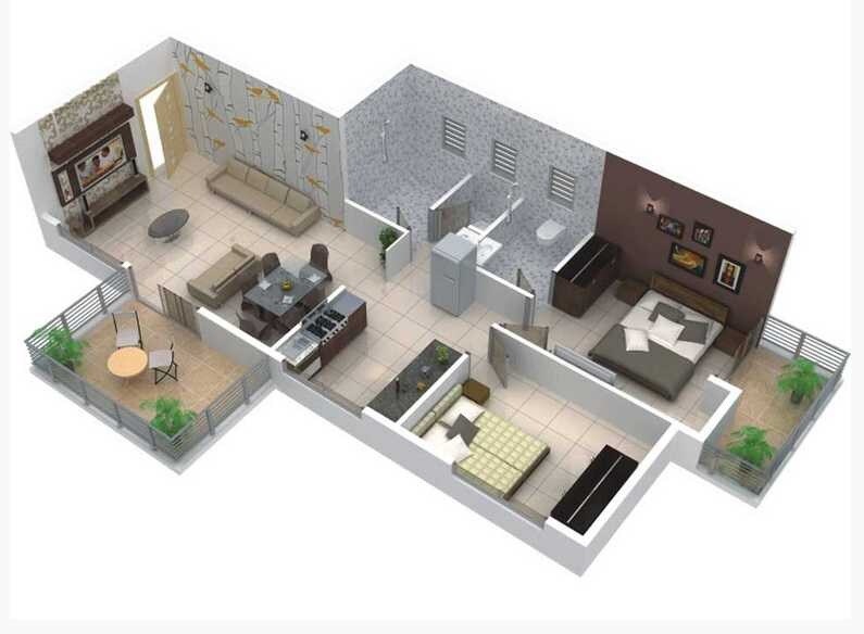 Floor plan of 2 BHK 888 Sq. Ft. Apartment in Vakratund Bhagirthi Classic, Pune