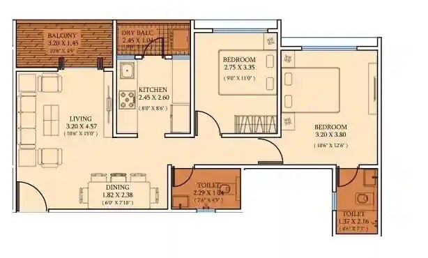 Floor plan of 2 BHK 716 Sq. Ft. Apartment in Vandan Himalaya Belmonte, Pune