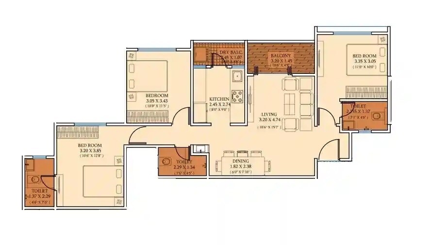 Floor plan of 3 BHK 935 Sq. Ft. Apartment in Vandan Himalaya Belmonte, Pune