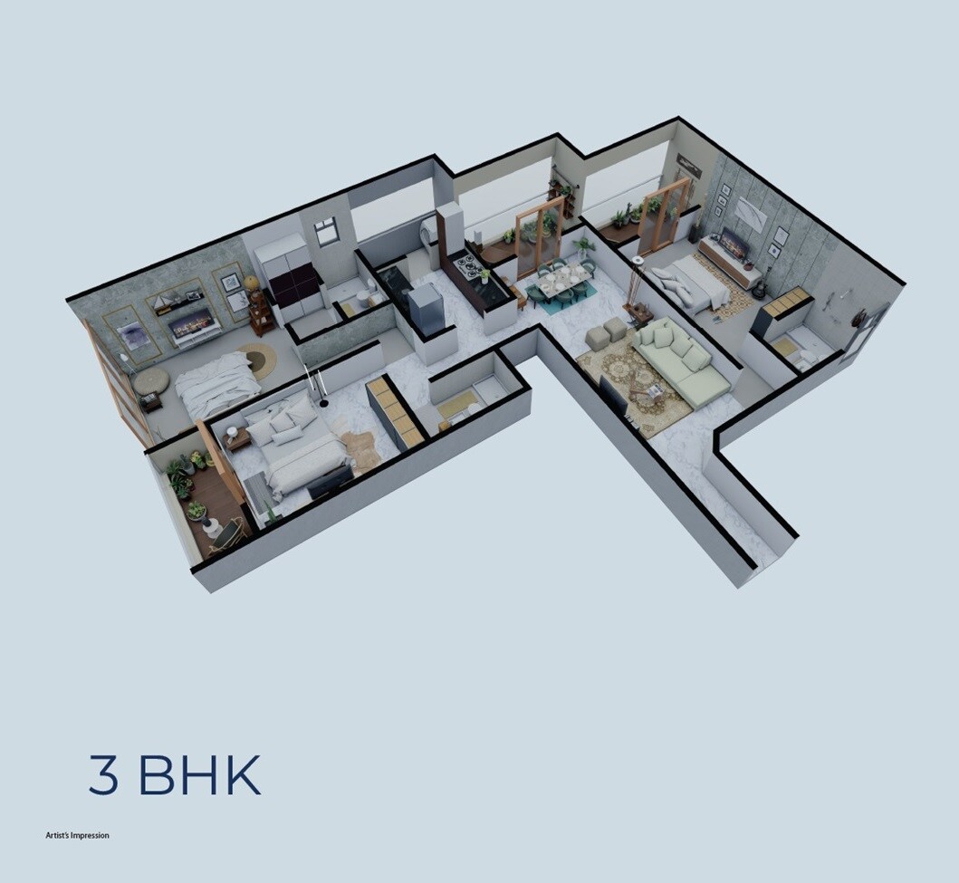 Floor plan of 3 BHK 1230 Sq. Ft. Apartment in Varad Pushp Vatika, Pune