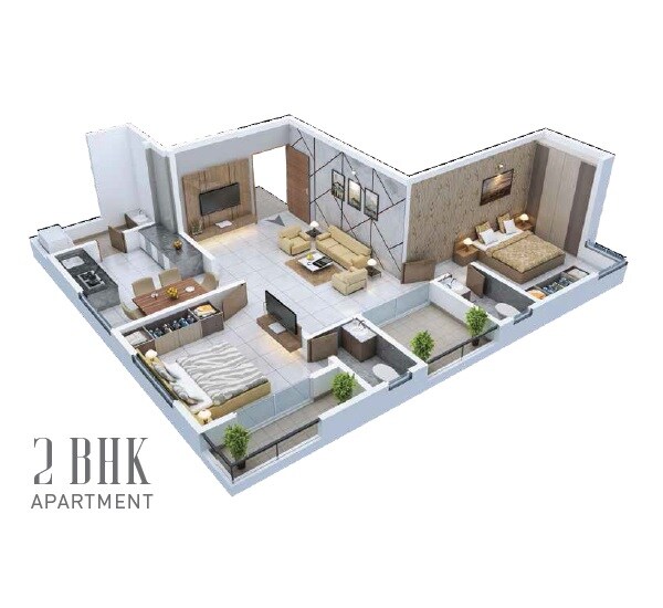 Floor plan of 2 BHK 633 Sq. Ft. Apartment in Varada Siddhivinayak, Pune