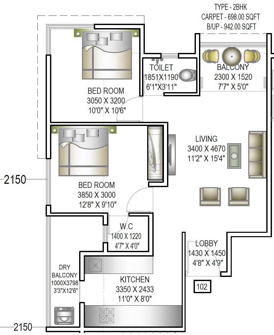2 BHK 698 Sq. Ft. Apartment