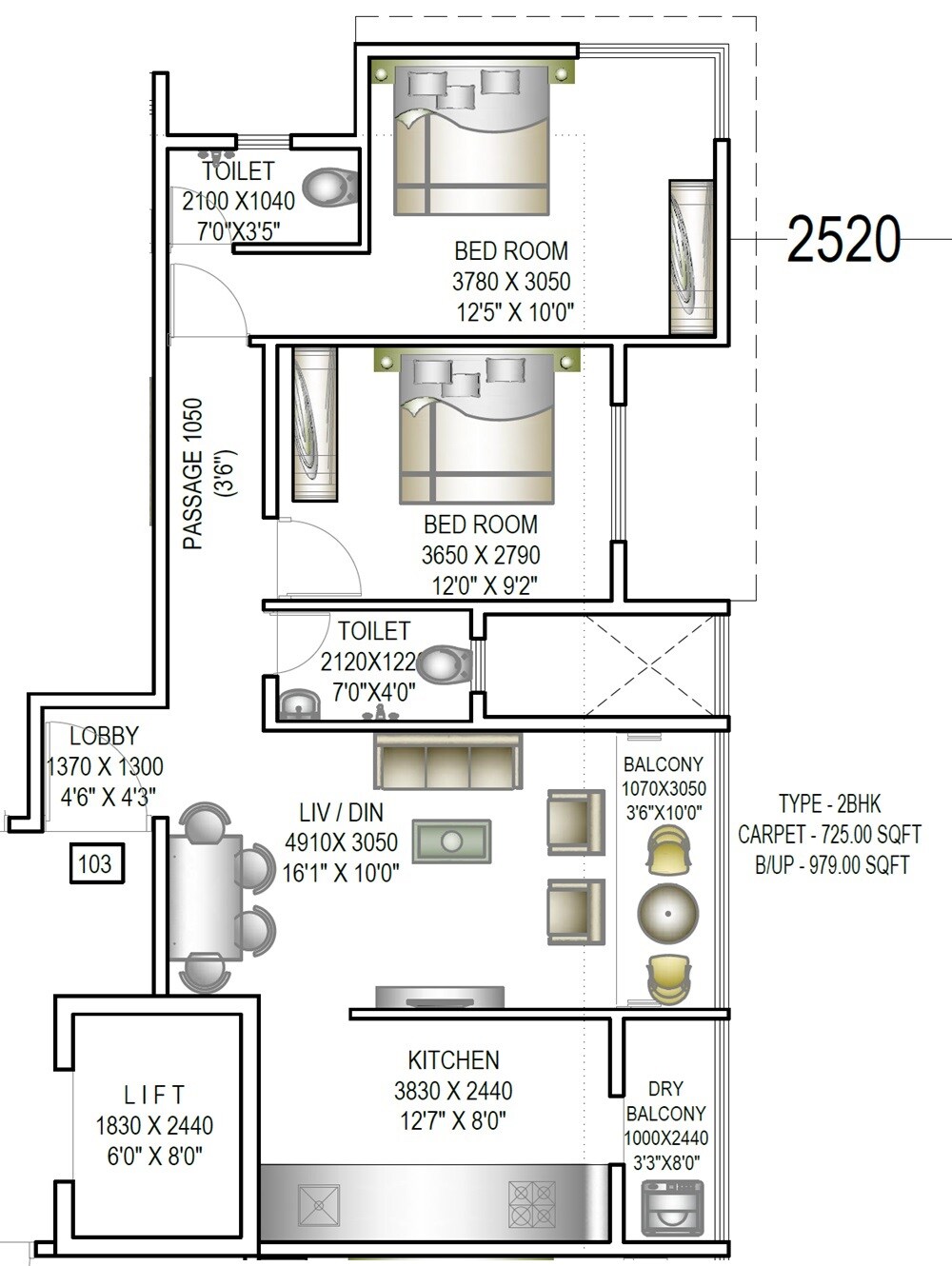 2 BHK 725 Sq. Ft. Apartment