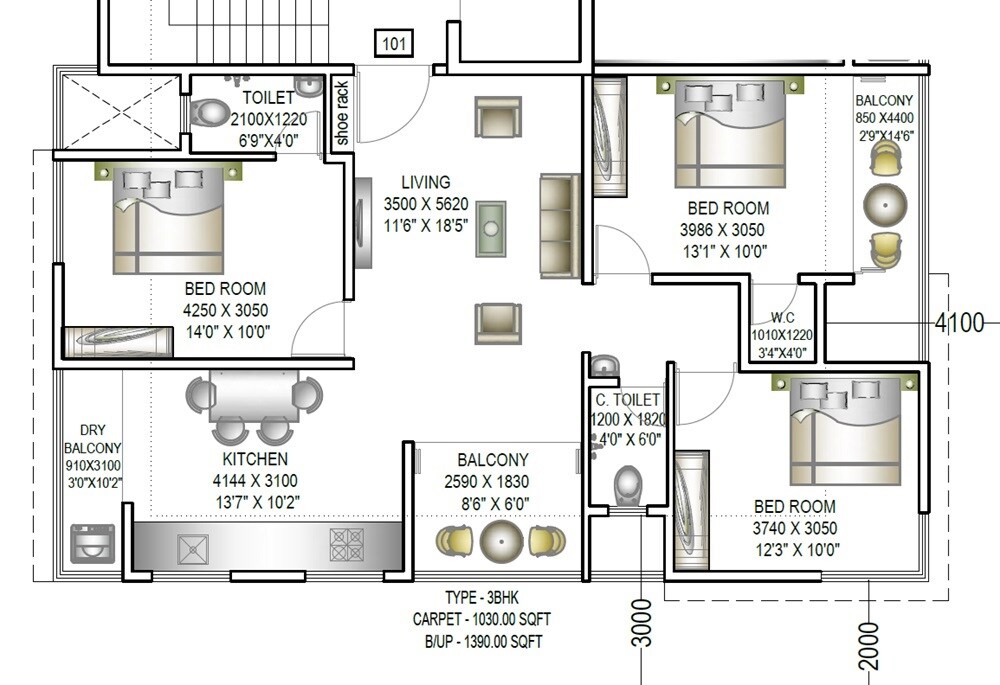 Floor plan of 3 BHK 1030 Sq. Ft. Apartment in Varada Vinayak, Pune