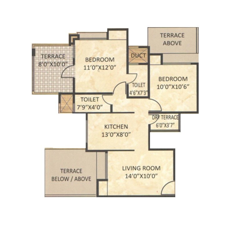 Floor plan of 2 BHK 1038 Sq. Ft. Apartment in Varadmurti Shobha Empire, Pune