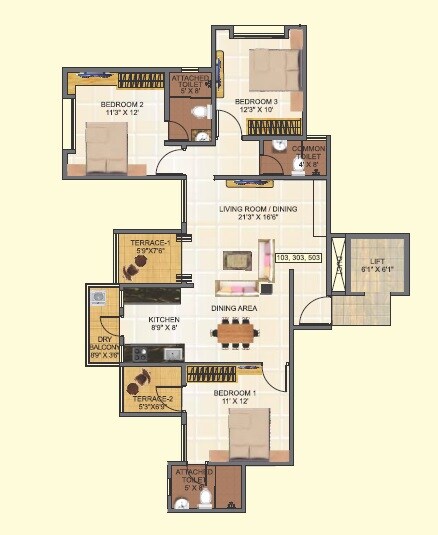 Floor plan of 3 BHK 853 Sq. Ft. Apartment in Vardaan Parag, Pune
