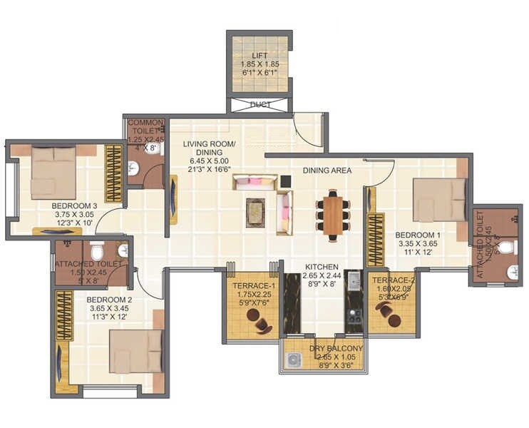 Floor plan of 3 BHK 991 Sq. Ft. Apartment in Vardaan Parag, Pune