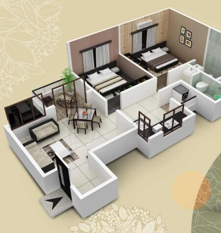 Floor plan of 2 BHK 880 Sq. Ft. Apartment in Vardhaman Aangan, Pune