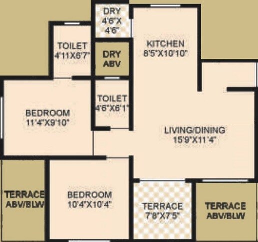 Floor plan of 2 BHK 925 Sq. Ft. Apartment in Vardhaman Aangan, Pune