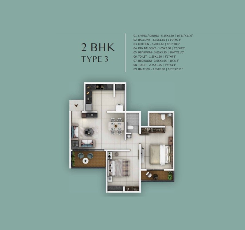 2 BHK 744 Sq. Ft. Apartment