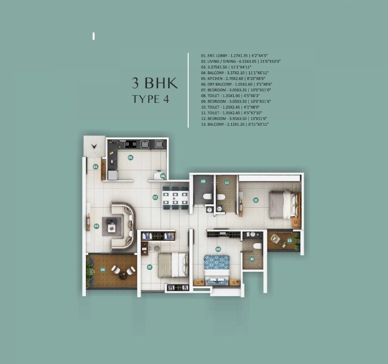 3 BHK 1047 Sq. Ft. Apartment