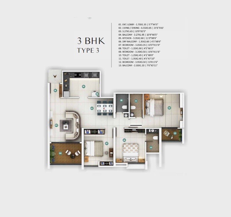 Floor plan of 3 BHK 1113 Sq. Ft. Apartment in Vardhaman Altezza, Pune