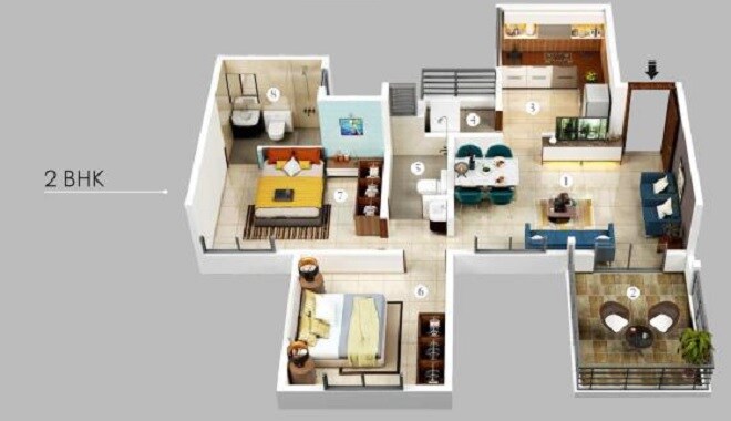 Floor plan of 2 BHK 697 Sq. Ft. Apartment in Vardhaman Moonstone, Pune