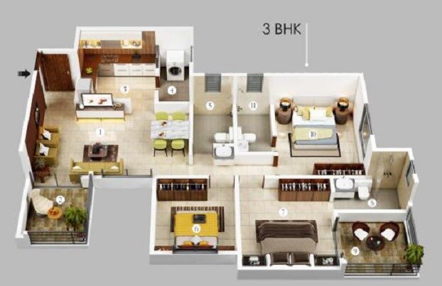 Floor plan of 3 BHK 892 Sq. Ft. Apartment in Vardhaman Moonstone, Pune