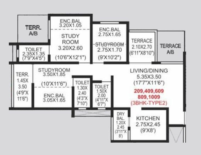 Floor plan of 3 BHK 965 Sq. Ft. Apartment in Vardhaman Moonstone, Pune