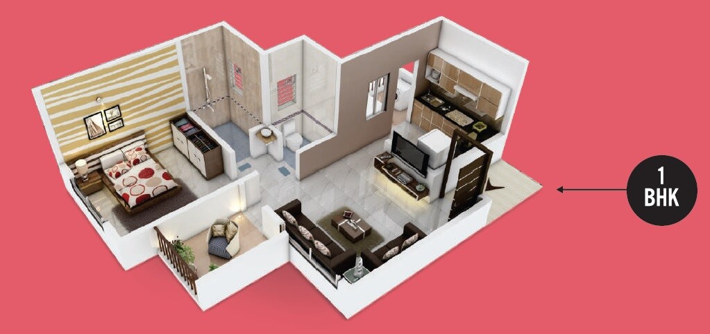 Floor plan of 1 BHK 348 Sq. Ft. Apartment in Vardhaman Palm Rose, Pune