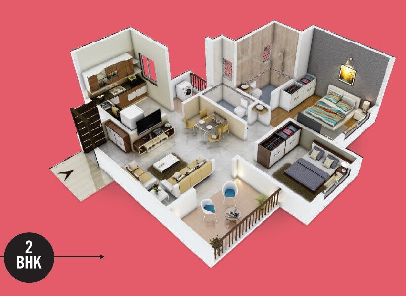 Floor plan of 2 BHK 461 Sq. Ft. Apartment in Vardhaman Palm Rose, Pune