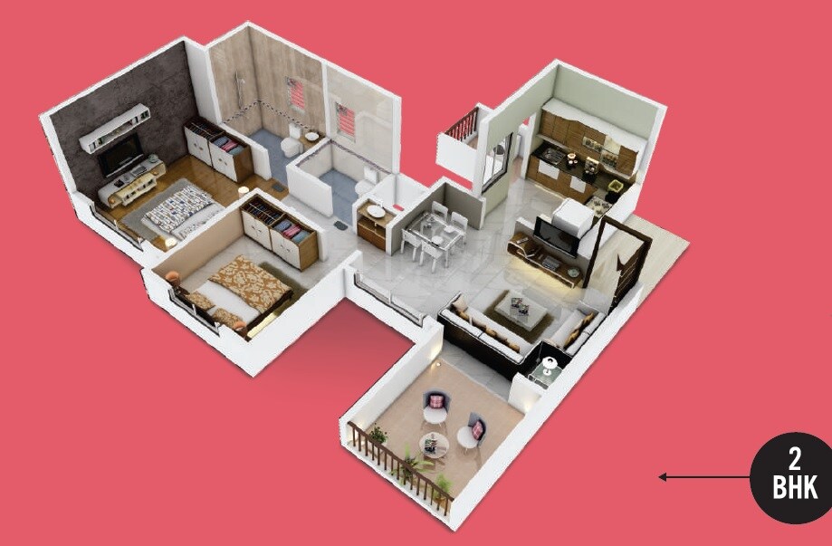 Floor plan of 2 BHK 560 Sq. Ft. Apartment in Vardhaman Palm Rose, Pune