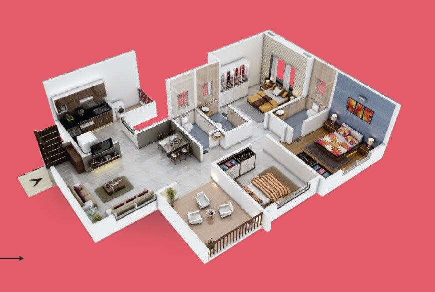 Floor plan of 3 BHK 683 Sq. Ft. Apartment in Vardhaman Palm Rose, Pune
