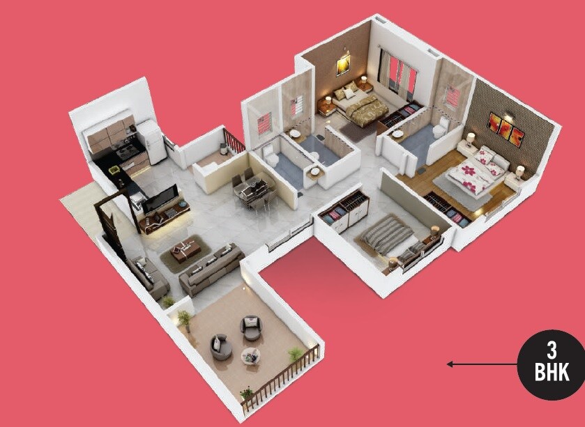 Floor plan of 3 BHK 732 Sq. Ft. Apartment in Vardhaman Palm Rose, Pune