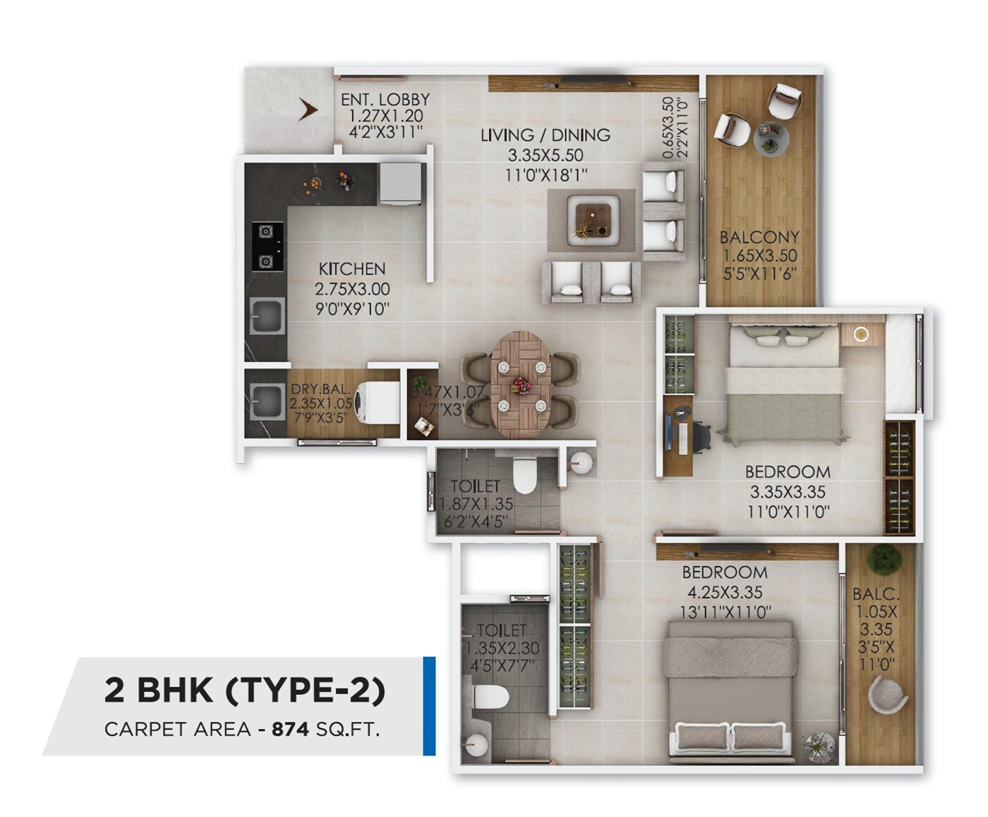Floor plan of 2 BHK 874 Sq. Ft. Apartment in Vardhaman Skysymphony, Pune