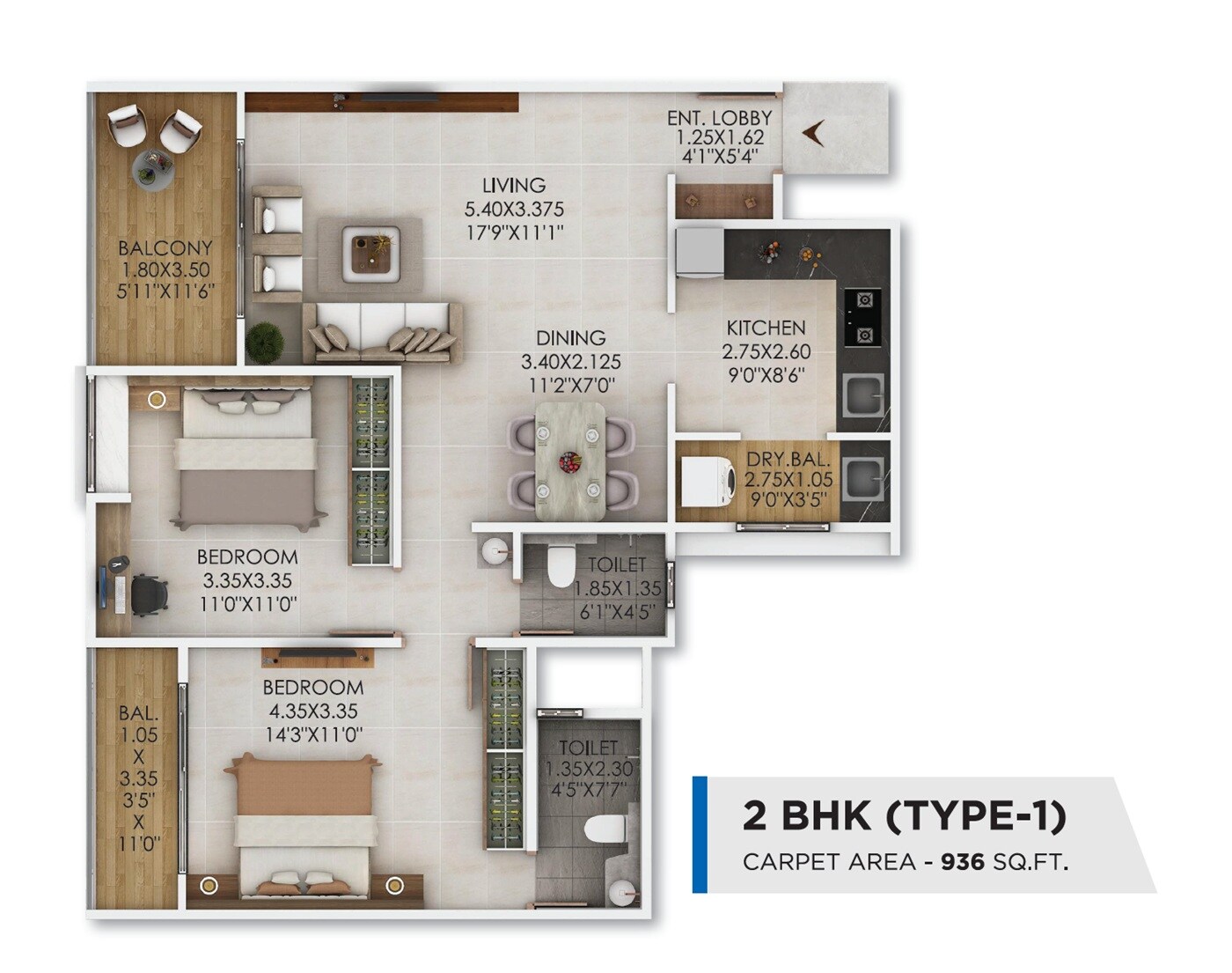 2 BHK 936 Sq. Ft. Apartment