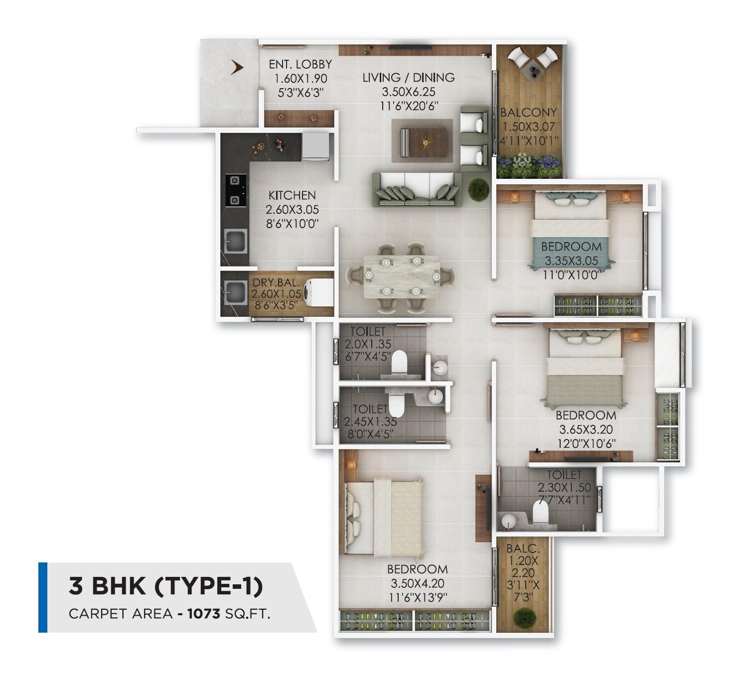 Floor plan of 3 BHK 1073 Sq. Ft. Apartment in Vardhaman Skysymphony, Pune