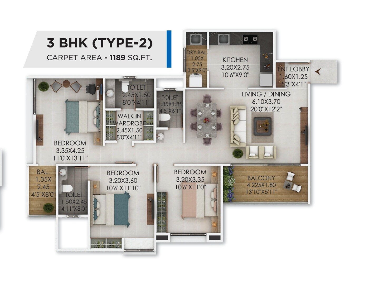 Floor plan of 3 BHK 1189 Sq. Ft. Apartment in Vardhaman Skysymphony, Pune
