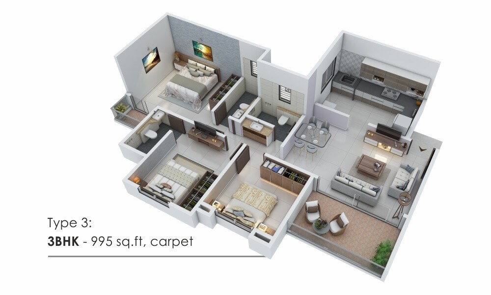 3 BHK 995 Sq. Ft. Apartment
