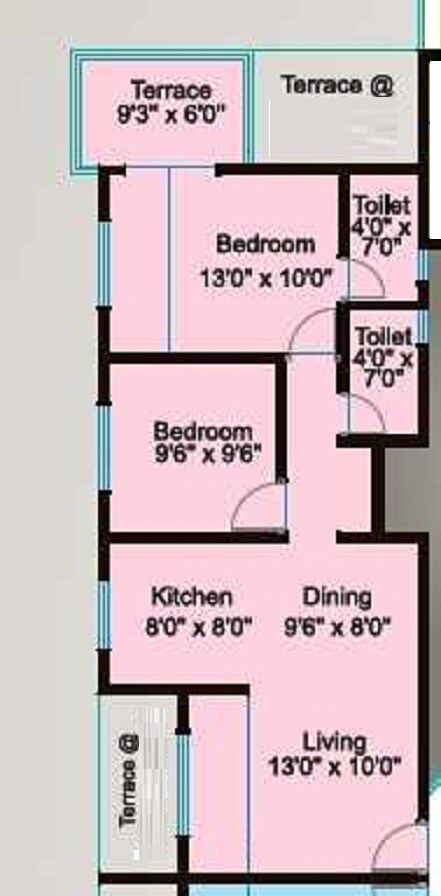 Floor plan of 2 BHK 975 Sq. Ft. Apartment in Vardhaman Township, Pune