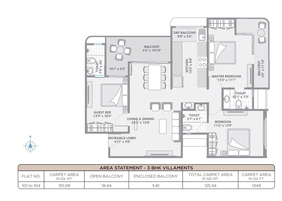 3 BHK 1349 Sq. Ft. Apartment